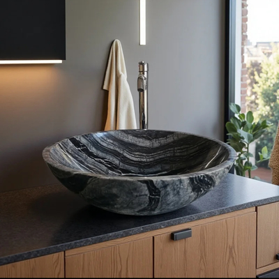 Buy Ancient Wood Grain Stone Bathroom Sink Glacier Veined Stone Sink Basin Durable For Luxury Hotel online manufacture