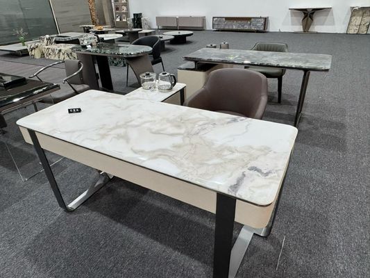 Buy Luxury Long Marble Dining Table in Oyster White with Pink and Gray Veins for Elegant Indoor Decoration online manufacture