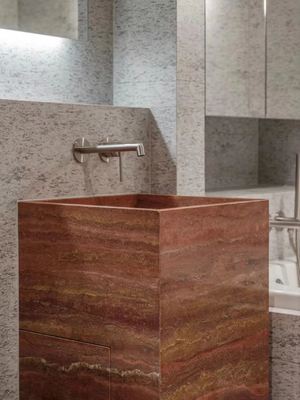 kaufen Natürliches rotes Travertin-Waschbecken im Badezimmer | Künstlerischer Steinwaschtisch für moderne Innenräume online manufacture