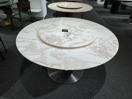 Elegant Tuscan Style Round Dining Table in Natural Marble Stone with White Pink Gray Veins for Modern Luxury Spaces