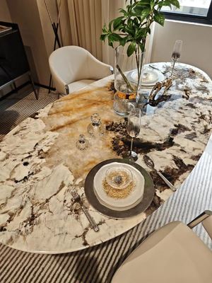 Modern and Luxury Marble Dining Table with Natural Marble Stone and White with Black and Gold Veins